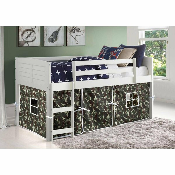 Donco Kids Twin Louver Low Tent Loft in White with Camo Tent PD_795AW_C